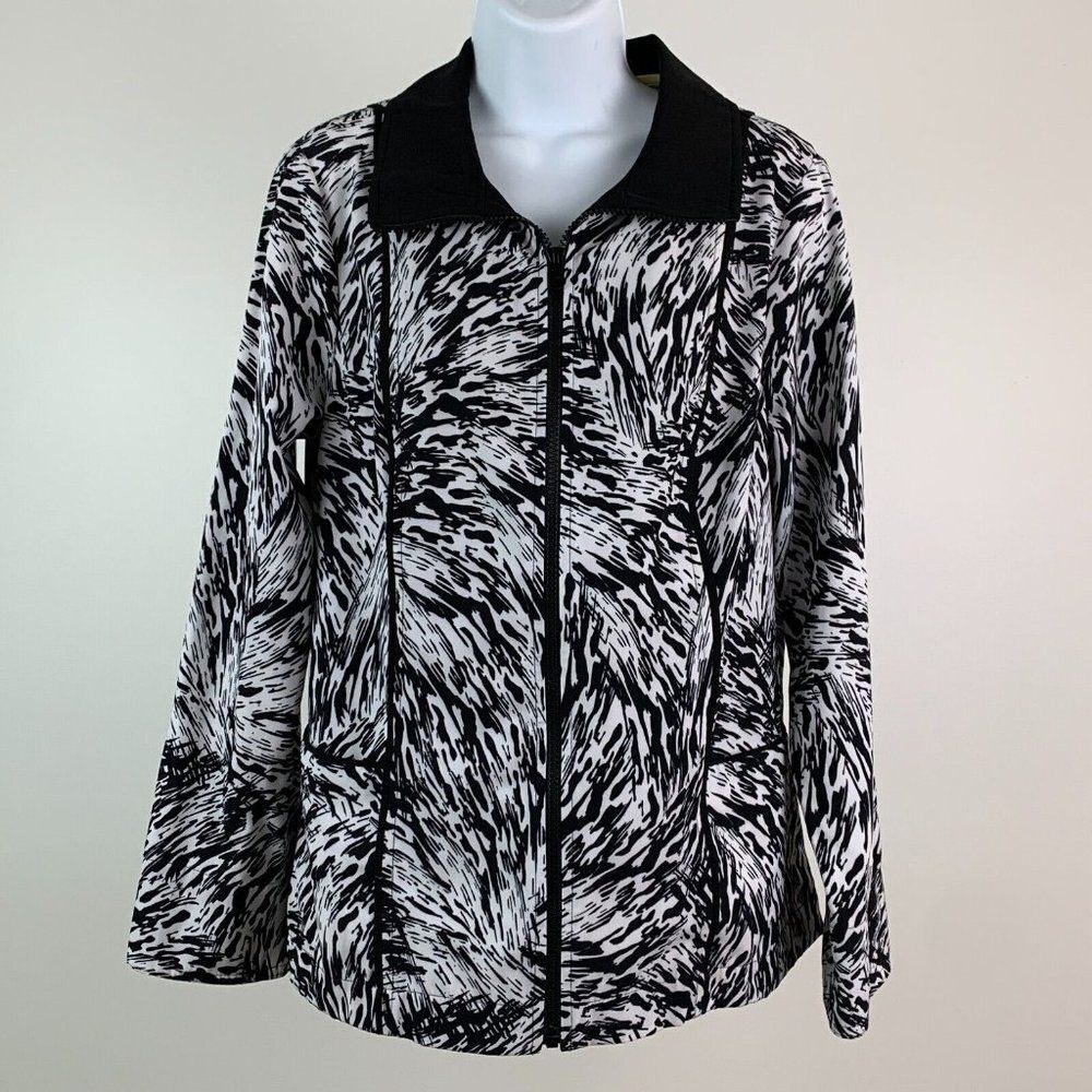 Christopher & Banks sz M Light Jacket Black White Zip‎ Front  Pattern Activewear